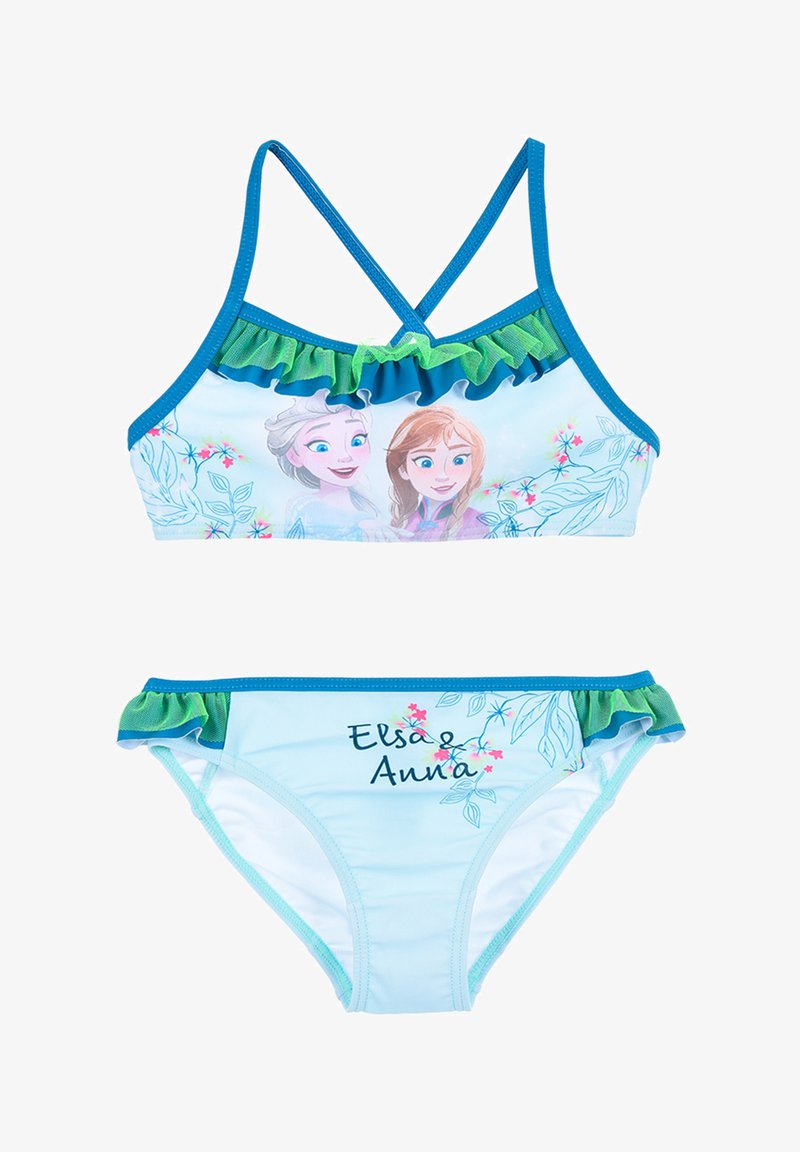 Dwuczęściowy kostium kąpielowy z jasnoniebieskiego materiału, elastycznymi falbankami na górze i dole oraz nadrukowanymi postaciami z kwiatowymi akcentami.