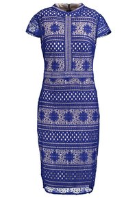 Royal blue lace dress with short sleeves, floral patterns, and a fitted silhouette. Features a back zipper and a round neckline.