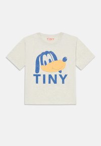 Světle šedé bavlněné tričko s modrou hlavou kreslené postavičky a modrým textem "TINY" se třpytivým finišem. Krátké rukávy, kulatý výstřih.