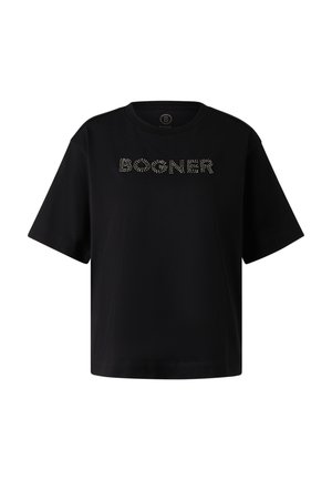 Schwarzes Kurzarm-T-Shirt mit Rundhalsausschnitt und silbernem Nieten-Text "BOGNER" über der Brust.