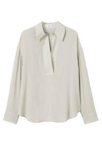 Vaaleanbeige pitkähihaine pusero, jossa on terävä kaulus, syvä V-mallinen aukko ja rento, löysä istuvuus.