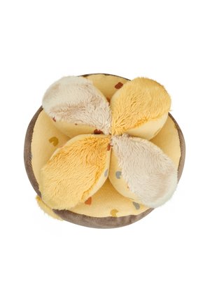 Soft fabric pet bed with four plush, rounded petal-shaped cushions in beige and yellow on a circular base.