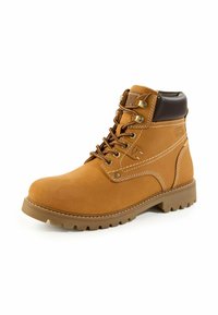 Skórzany, jasnobrązowy but roboczy z wyściełanym brązowym kołnierzem, metalowymi hakami na sznurowadła i wytrzymałą, formowaną gumową podeszwą z głębokim bieżnikiem.