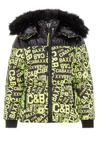 Pufferjack met een zwart en neon groene print met merklogo's. Het heeft een nepbont capuchon, een ritssluiting en geribde manchetten voor extra warmte.