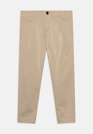 Chinos beige en tissu mélangé coton, avec deux poches avant, une fermeture à un bouton et des jambes droites avec des ourlets cousus.