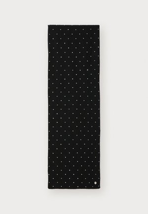 Fular negru tricotat, cu o textură ribbed, decorat cu puncte argintii dispuse aleatoriu și un logo mic în colțul de jos.