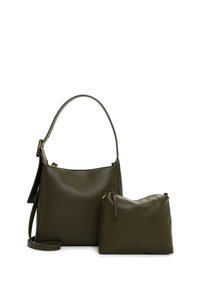 Olive green leather handbag set with a smooth texture, includes a larger pouch with a shoulder strap and a smaller zippered pouch.