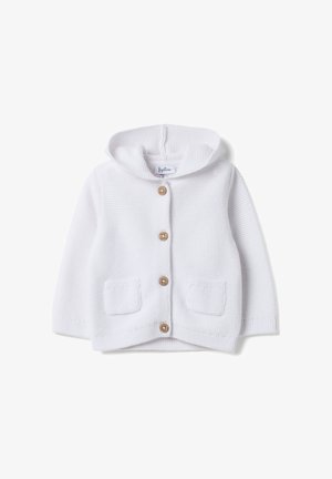 Cárdigan blanco de punto con capucha, que incluye dos bolsillos delanteros, cinco botones de madera y puños acanalados. Tela texturizada con un ajuste ceñido.