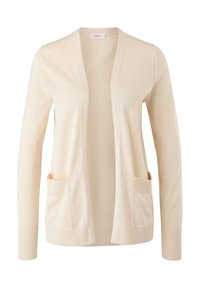 Cardigan beige ouvert sur le devant, manches longues, deux poches avant, poignets et ourlet côtelés, tissu tricot léger.