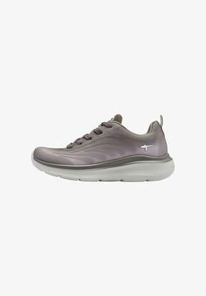 Light purple athletic shoe with a smooth fabric upper, textured accents, and a cushioned white sole; features a lace-up design and pull tab.