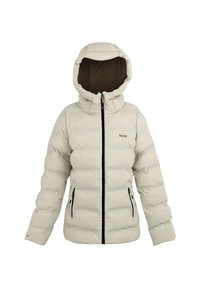 Veste d'hiver matelassée beige clair avec capuche, fermeture éclair noire à l'avant et poches latérales zippées, design unisexe.