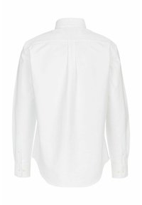 Weißes, langärmliges Hemd mit Knopfleiste, von hinten gesehen, versehen mit einem regulären Kragen, Zweischnellknöpfen an den Manschetten und einer glatten, einfarbigen Textur.