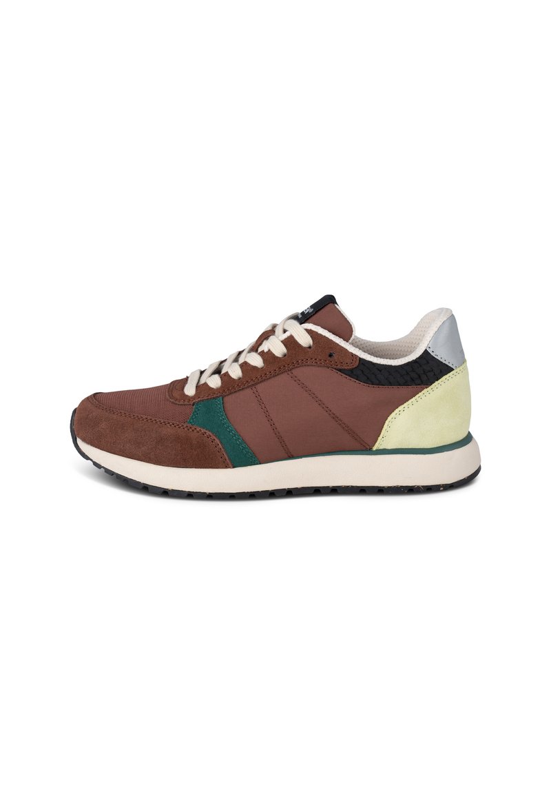 Brown and green athletic sneaker with a textured upper, white laces, a black heel cap, and a light green accent on the back.