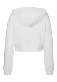 Vit kort hoodie i mjukt tyg. Har långa ärmar, dragsko i huvan och ribbade mudd. Bakre vy visar sömlös design.