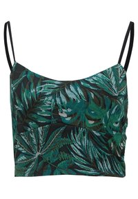 Top corto verde e teal con una stampa di foglie, spalline nere sottili, tessuto testurizzato e dettagli arricciati ai lati.
