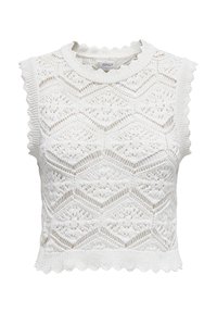 Suéter blanco recortado con un diseño de punto que incluye patrones geométricos, bordes festoneados y cuello redondo. Material ligero y texturizado.