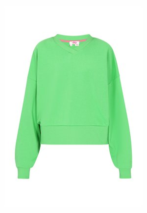 Zelená, krátka, dlhá mikina s dlhými rukávmi z jemnej látky. Má výstrih do V a rebrované manžety pre uvoľnený strih.