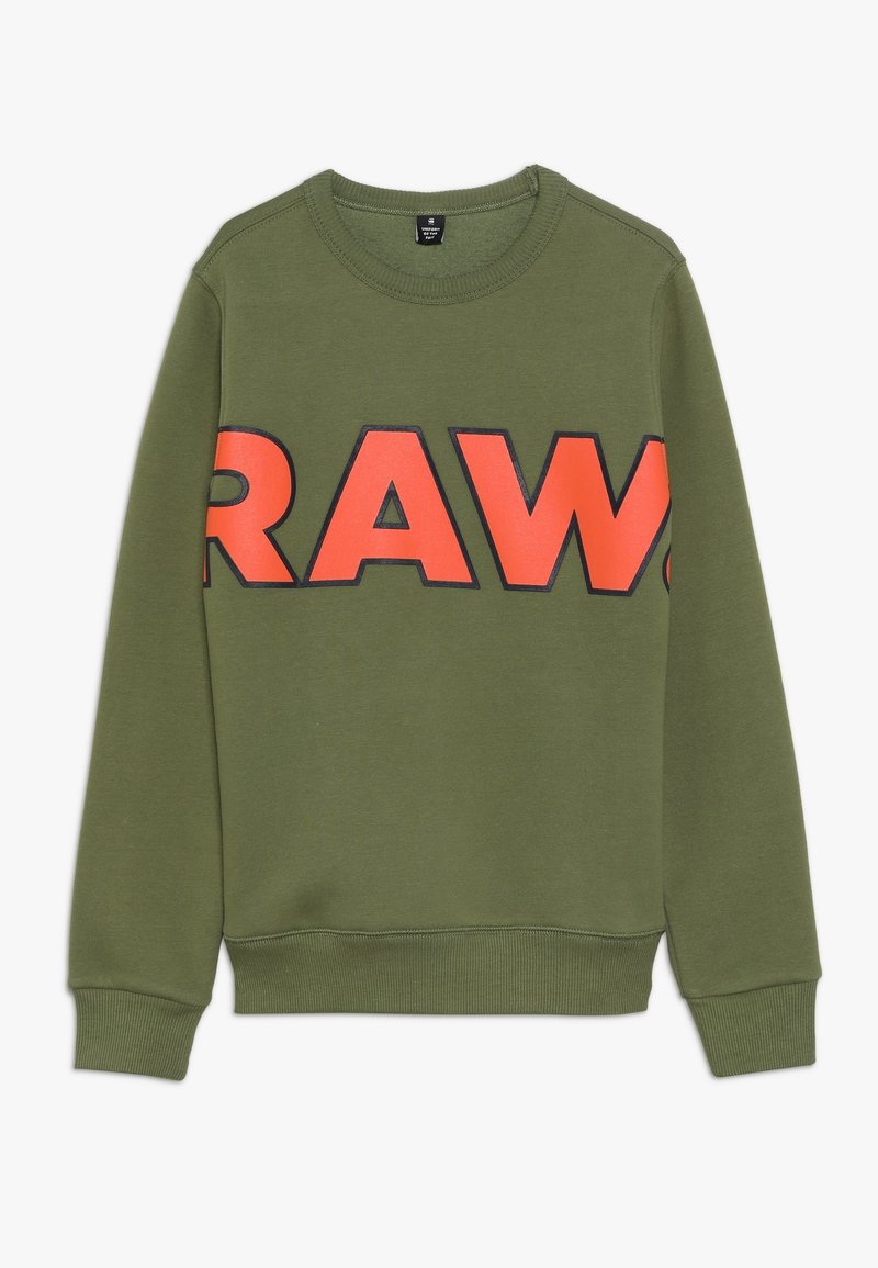 Sweatshirt vert olive avec un col rond, arborant un grand logo "RAW" en orange sur le devant. Poignets et ourlet côtelés. Texture douce.