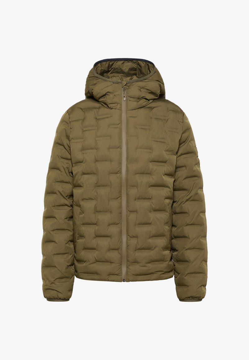 Oliwkowa kurtka puchowa z kapturem, pikowanym wzorem, z zamkiem błyskawicznym z przodu i elastycznymi mankietami. Lekka z dopasowanym krojem.
