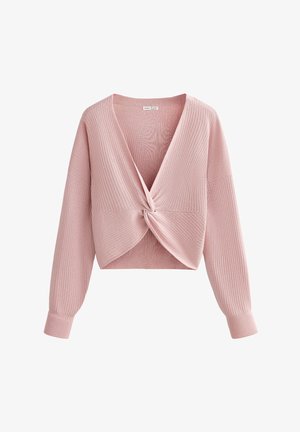 Roze, gebreide cropped trui met een V-hals en gedraaide voorkant. Heeft lange mouwen en een geribbelde textuur overal.