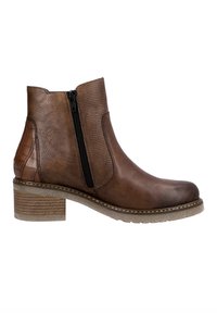 Brown leather ankle boot with a textured side panel, black zipper detail, and a stacked heel. Features a smooth toe and grooved sole.