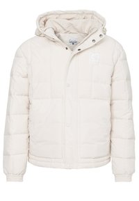 Vit vadderad jacka med avtagbar huva, tryckknappar, quiltad textur och elastiska muddar. Har broderad logga på bröstet.