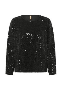 Top lungo nero a maniche lunghe coperto di paillettes. Collo a giro e vestibilità rilassata. Tessuto morbido con dettagli riflettenti. Adatto per occasioni formali.