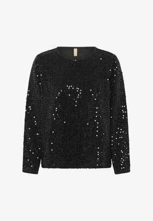 Crna majica dugih rukava prekrivena šljokicama. Okrugli izrez i opušteni kroj. Mekana tekstura s refleksnim akcentima. Pogodna za formalne prilike.