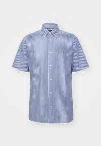 Korte mouwen overhemd met blauwe en witte verticale strepen, knoopsluiting aan de voorkant, kraag en een klein geborduurd logo op de linkerborst.