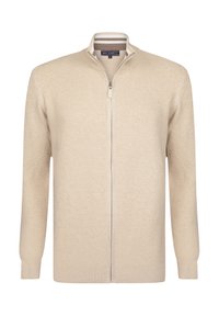 Beige Zip-Hoodie mit strukturiertem Strickmuster, langen Ärmeln sowie einem gerippten Kragen und Bündchen. Verfügt über einen zentralen Reißverschluss und ein dezentes Design.