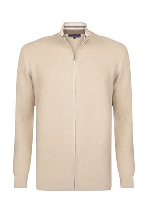 Beige zip-up sweater with a textured knit pattern, long sleeves, and a ribbed collar and cuffs. Features a central zipper and a subtle design.