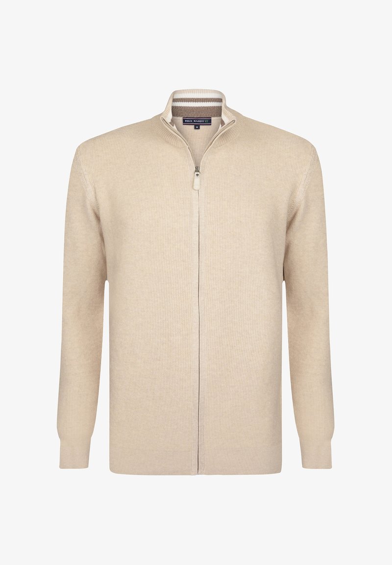 Beige Zip-Hoodie mit strukturiertem Strickmuster, langen Ärmeln sowie einem gerippten Kragen und Bündchen. Verfügt über einen zentralen Reißverschluss und ein dezentes Design.