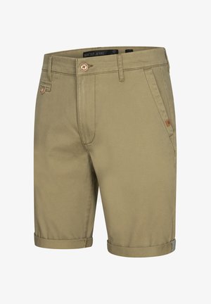 Khaki shorts lavet af en bomuldsblanding, med en glat tekstur, rullede opsmæk og en knaplukning med mærkedetalje.