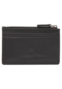 Zwart leren kaarthouder met een ritsvak, voorzien van meerdere kaartsleuven en een ingebrand logo aan de voorkant. Gladde textuur.