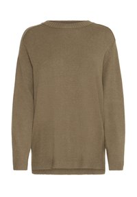 Suéter de punto verde oliva con escote redondo, mangas largas, puños acanalados y un ajuste ligeramente holgado. Textura suave y diseño casual.