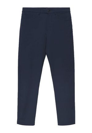 Pantalon slim bleu marine avec passants de ceinture, poches avant et fermeture à bouton à la taille, présenté à plat sur fond blanc.