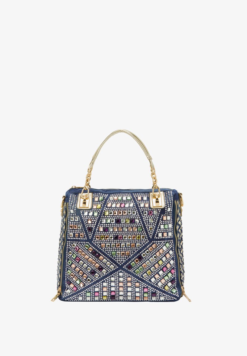 Mørkeblå håndtaske med geometriske perlemønstre, udstyret med metalhardware, et topgreb og en tekstureret sidepanel.
