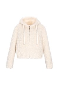 Witte, korte hoodie van textuurachtig, fuzzy materiaal. Beschikt over een voorkant met rits, trekkoorden en lange mouwen. Glad binnenvoeringsmateriaal.