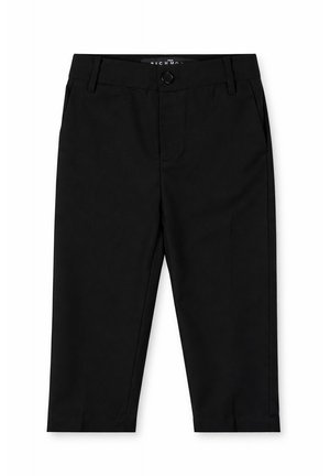 Pantalon noir court à jambes droites avec fermeture par bouton et zip, poches latérales et passants de ceinture sur fond blanc.