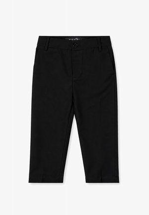 Zwarte cropped rechte broek met knoop- en ritssluiting, zijzakken en riemlussen op een witte achtergrond.