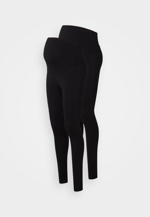 Black leggings made of stretchy fabric, featuring a high waistband. Includes both standard and maternity designs for comfortable fit.