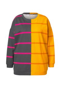 Felpa colorata con un design a blocchi; un lato grigio con strisce rosa, l'altro giallo con strisce arancioni. Tessuto morbido, scollatura rotonda.