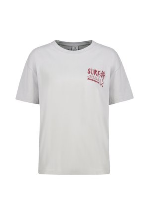 White short-sleeve T-shirt with red "SURF" text, palm tree, waves, and surfboard graphic on the left chest area.