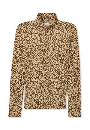 Top a maniche lunghe con stampa leopardata e collo alto. Tessuto morbido; base beige con macchie marroni scure; design aderente.