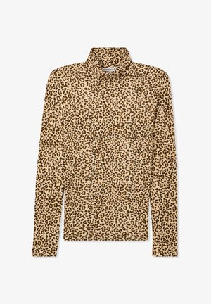 Top a maniche lunghe con stampa leopardata e collo alto. Tessuto morbido; base beige con macchie marroni scure; design aderente.