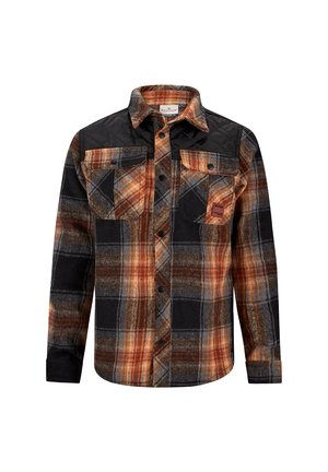 Koszula flanelowa na guziki z długim rękawem w pomarańczowo-czarną i szarą kratę oraz czarnymi pikowanymi panelami na ramionach.