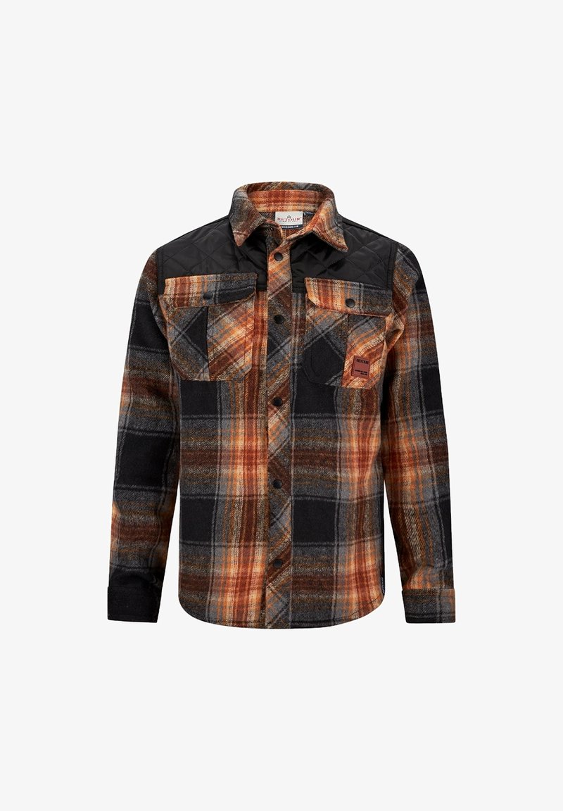Chemise en flanelle à manches longues avec fermeture boutonnée, motif à carreaux orange, noir et gris, et panneaux matelassés noirs sur les épaules.