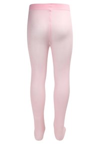 Lys rosa strømpebukser med en glatt, uigennomsiktig tekstur og elastisk linning. Designet har en sømløs bakside for et ensartet utseende.