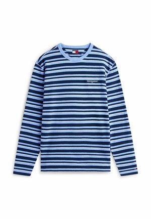 Camisetta a maniche lunghe con righe orizzontali blu scuro e blu chiaro, con scollatura a girocollo e un piccolo logo sul lato sinistro del petto.