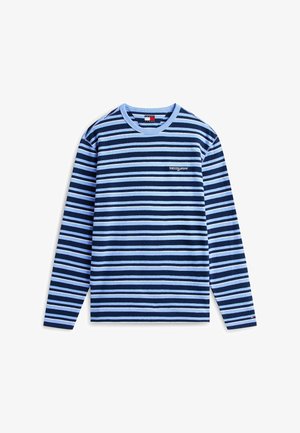 Camisetta a maniche lunghe con righe orizzontali blu scuro e blu chiaro, con scollatura a girocollo e un piccolo logo sul lato sinistro del petto.